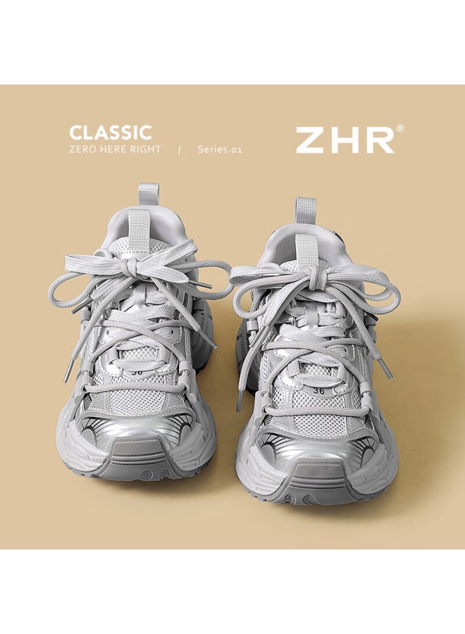 Zhr Women's Summer Patchwork Mesh Breathable Platform Sneakers Jt62e Silver 36 - Image 4
