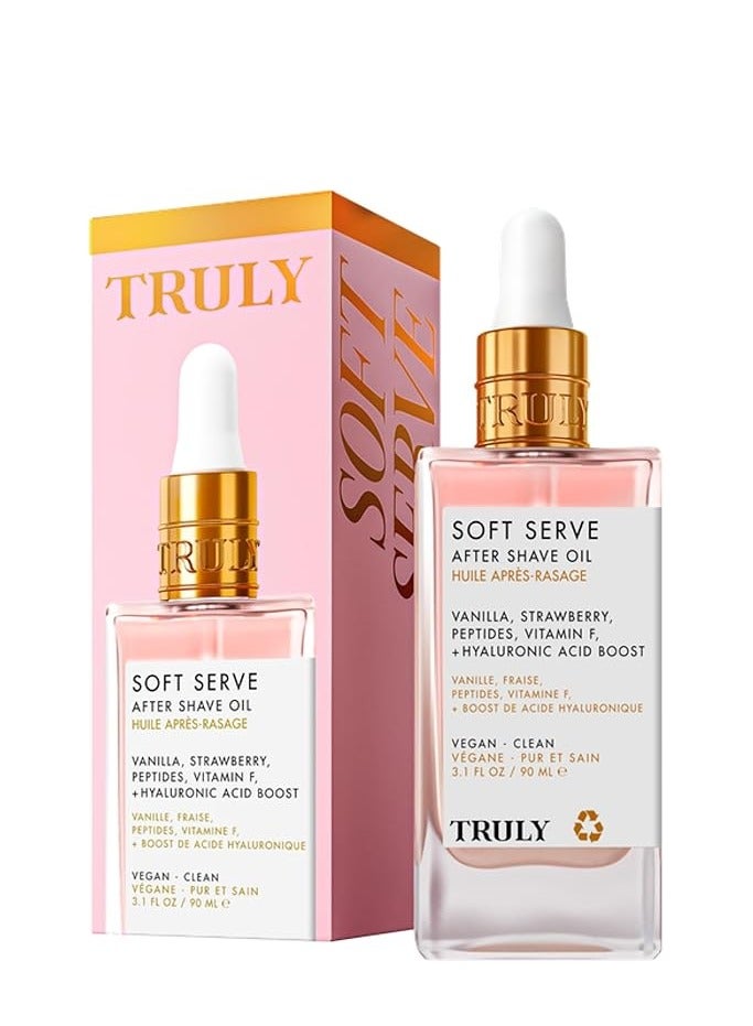 ترولي Truly Beauty Soft Serve After Shave Oil. علاج ترطيب للكرب والتهيج. الببتيدات، حمض الهيالورونيك ومستخلص الفراولة. يهدئ ويسلم البشرة. رائحة الفانيلا الفراولة (3.1 فلور أوز) - Image 1