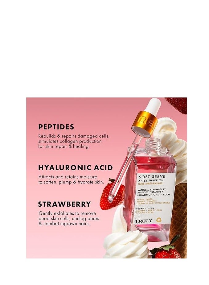 ترولي Truly Beauty Soft Serve After Shave Oil. علاج ترطيب للكرب والتهيج. الببتيدات، حمض الهيالورونيك ومستخلص الفراولة. يهدئ ويسلم البشرة. رائحة الفانيلا الفراولة (3.1 فلور أوز) - Image 2
