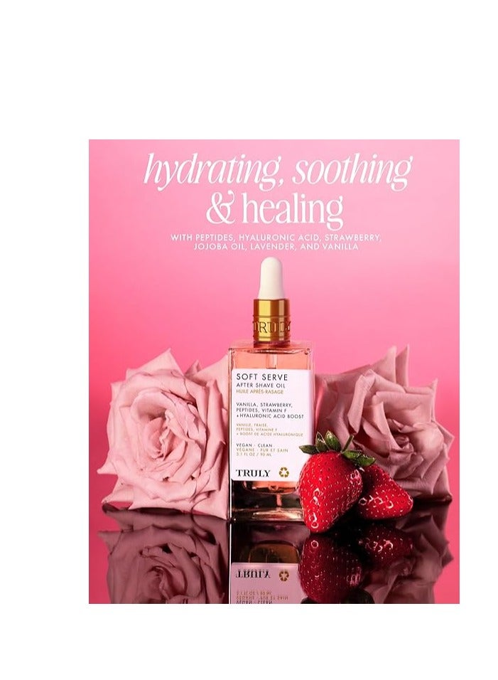 ترولي Truly Beauty Soft Serve After Shave Oil. علاج ترطيب للكرب والتهيج. الببتيدات، حمض الهيالورونيك ومستخلص الفراولة. يهدئ ويسلم البشرة. رائحة الفانيلا الفراولة (3.1 فلور أوز) - Image 3