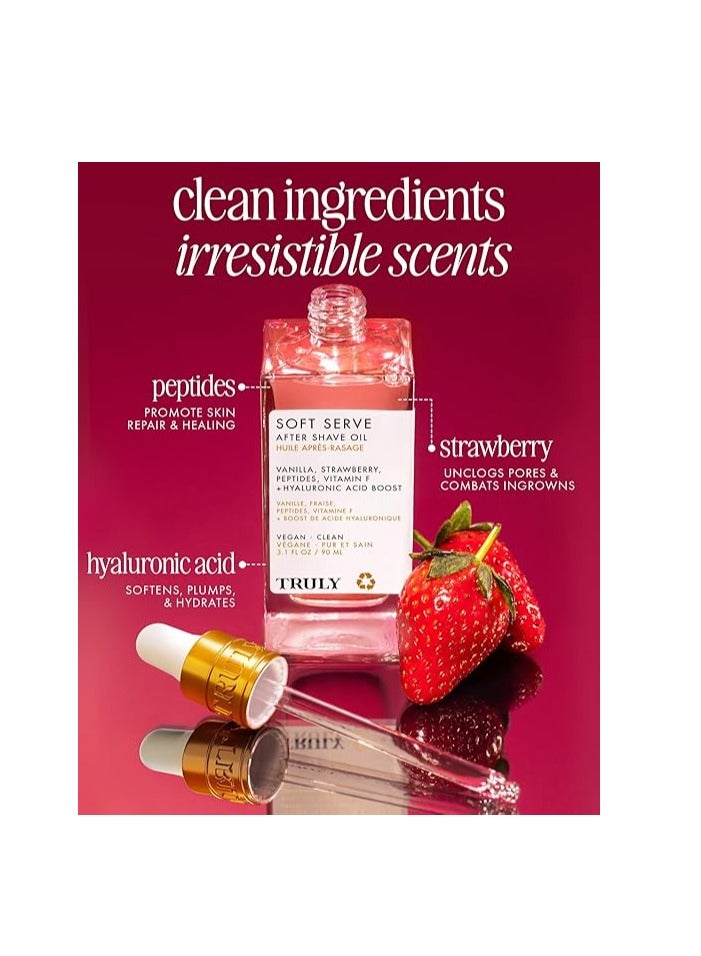 ترولي Truly Beauty Soft Serve After Shave Oil. علاج ترطيب للكرب والتهيج. الببتيدات، حمض الهيالورونيك ومستخلص الفراولة. يهدئ ويسلم البشرة. رائحة الفانيلا الفراولة (3.1 فلور أوز) - Image 4