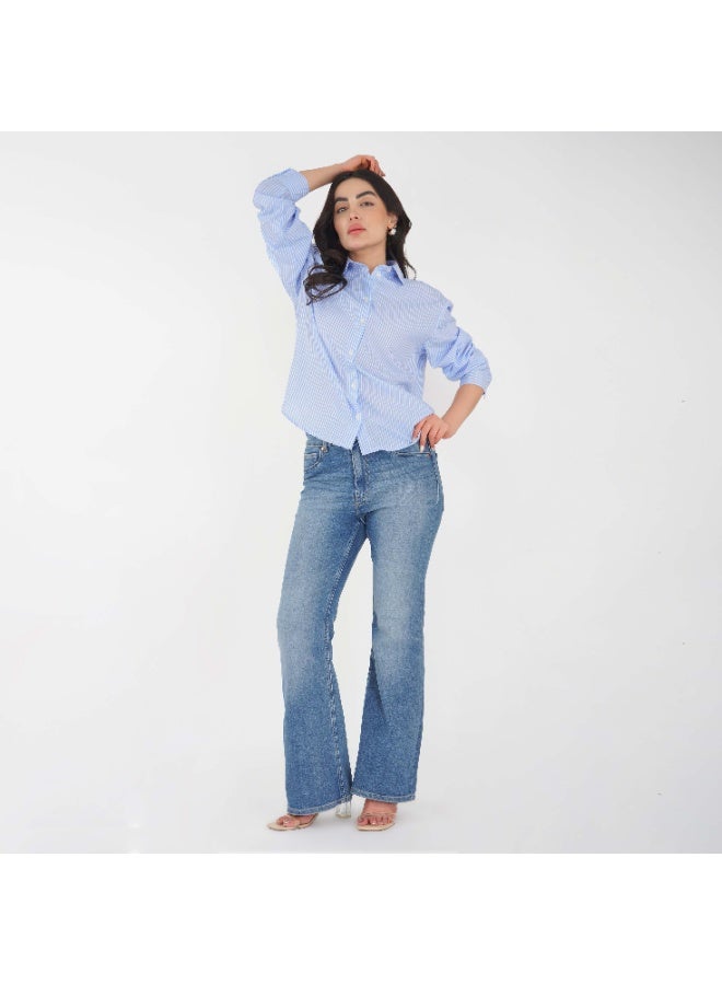 LINELLE قميص لينيل ناعم من الكريب بخطوط للسيدات - ياقة و أكمام كاملة - Image 1