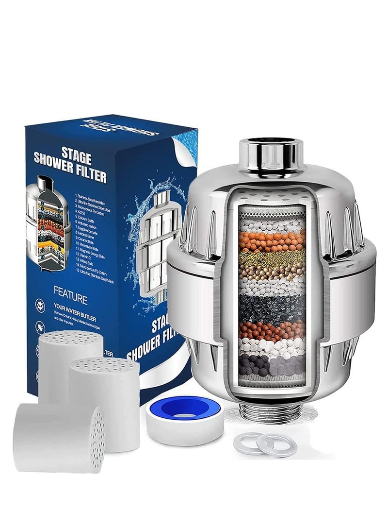 Shower Filter 25 Stage Shower Filter Water Softener, Shower Head Filter for Hard Water with 2 Replaceable Filter Cartridges Universal Replaceable Shower Head Water Purifier to Remove Chlorine - Image 1