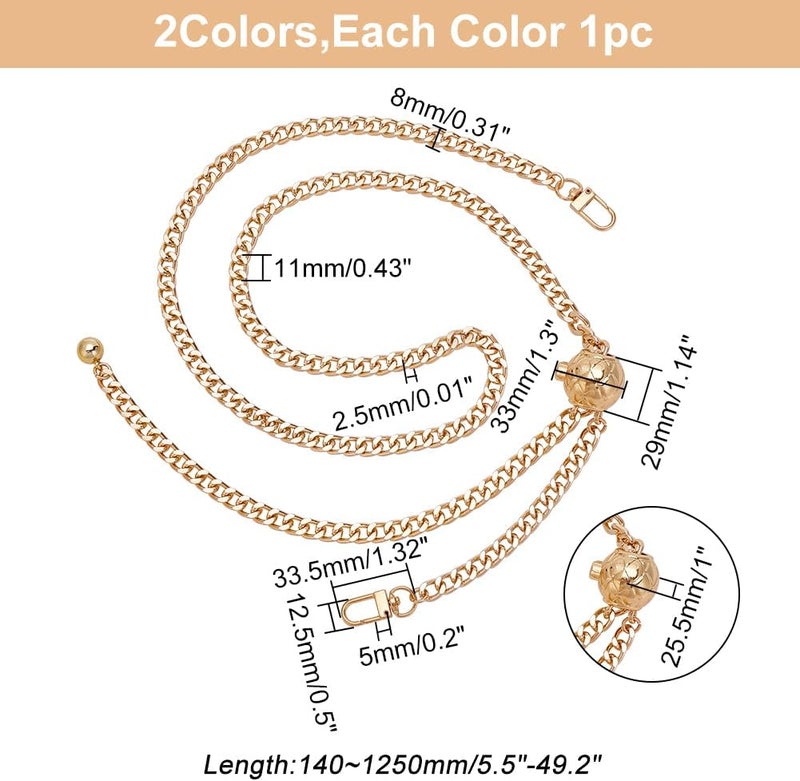 klarako 2pcs Adjustable Shoulder Chain Strap Replacement, 2 Colors 49 Inch Metal Purse Chain Strap Women Crossbody Bag Chain Alloy Bag Chain Strap with Bead Adjuster for Handbag Hobo Bag Clutches - Image 2