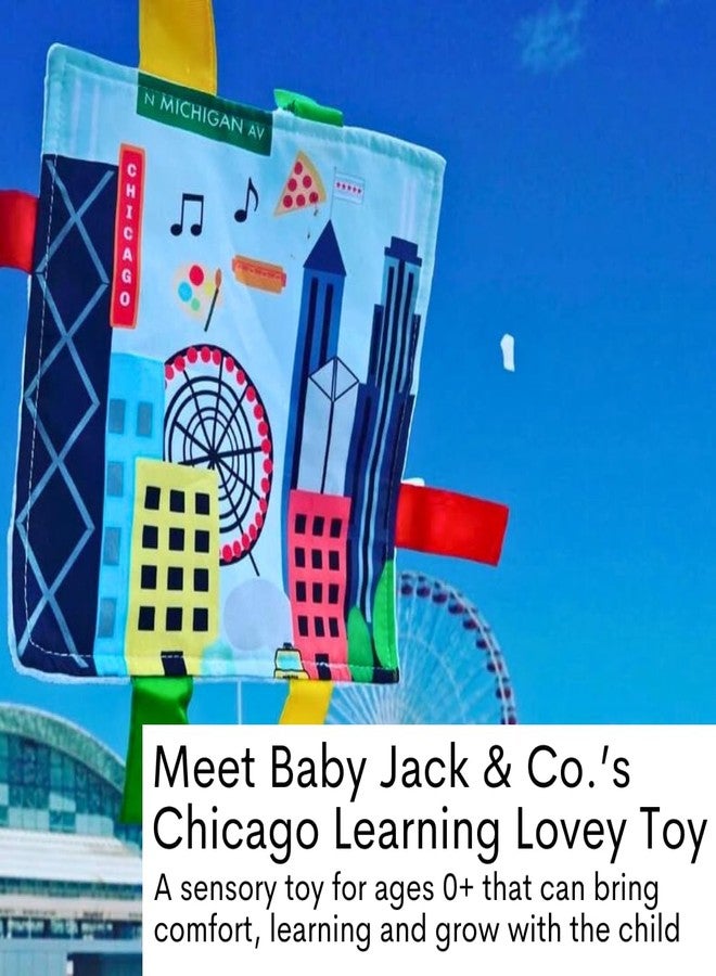 The Learning Lovey Baby Jack & Co 8x8” Learning Lovey Chicago Illinois Tag Toys for Babies - Baby Crinkle Toys - Soft & Safe - Learn USA Cities and Shapes - Ideal Baby Toy & Gift BPA Free w/Stroller Clip - Image 2