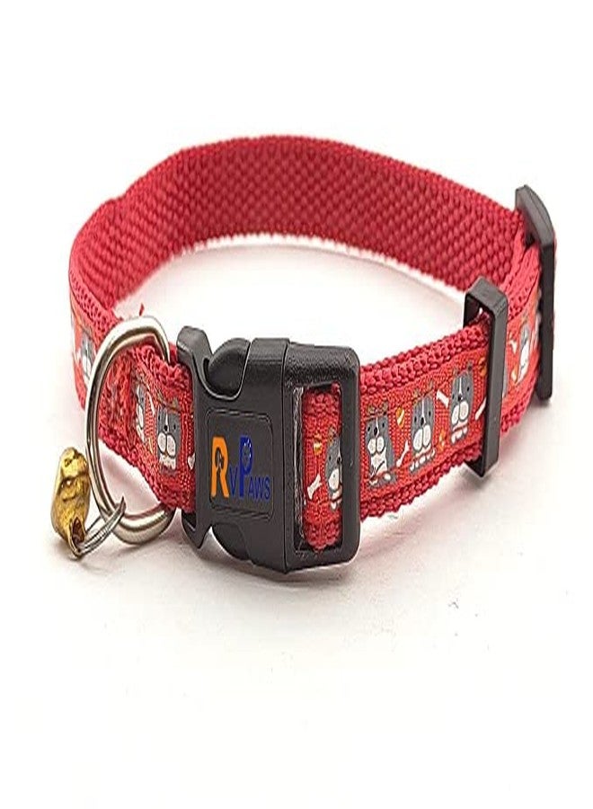 Pups&Pets Durable Soft Nylon Paw/Bone Printed Pet Collar with Bells Adjustable Length Neck Collar Belt Ideal for Outdoor Walking Puppy and Small Dog (Red) - Image 1