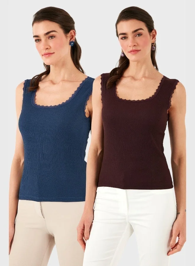 Lela Lela Slim Fit Thick Lace Square Neck Crepe 2-Pack Undershirt Women's Undershirt 5864979S2