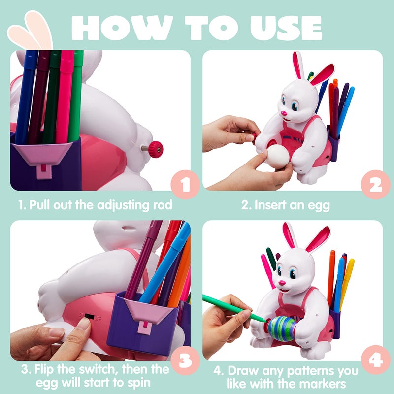 JOYIN Motorized Easter Egg Decorator Kit Spinner Easter Busy Pink Bunny Egg Whirler Decorating Machine with 10 Non-Toxic Markers for Kids Craft Activities - Image 3