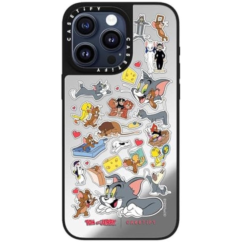 Casetify Mirror Case for iPhone 15 Pro Max 【Tom and Jerry Colab/Reflective / 4.9ft Drop Protection/Compatible with Magsafe】 - Family Sticker - Silver on Black - Image 1