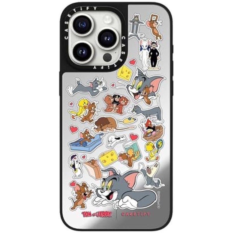 Casetify Mirror Case for iPhone 15 Pro Max 【Tom and Jerry Colab/Reflective / 4.9ft Drop Protection/Compatible with Magsafe】 - Family Sticker - Silver on Black - Image 2