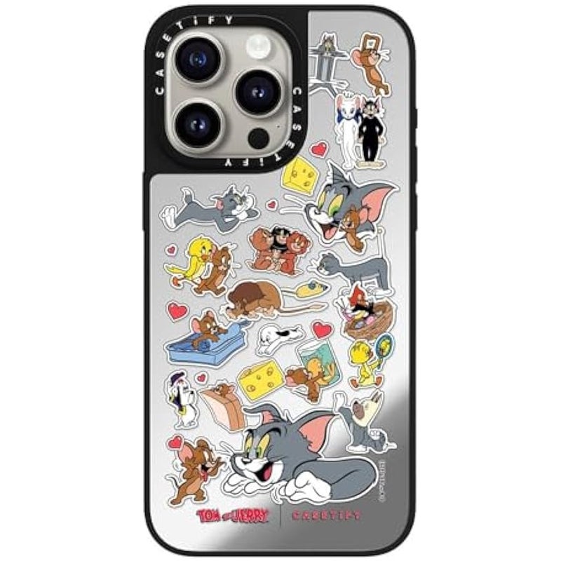 Casetify Mirror Case for iPhone 15 Pro Max 【Tom and Jerry Colab/Reflective / 4.9ft Drop Protection/Compatible with Magsafe】 - Family Sticker - Silver on Black - Image 5