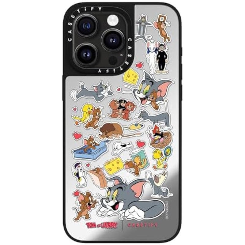 Casetify Mirror Case for iPhone 15 Pro Max 【Tom and Jerry Colab/Reflective / 4.9ft Drop Protection/Compatible with Magsafe】 - Family Sticker - Silver on Black - Image 3