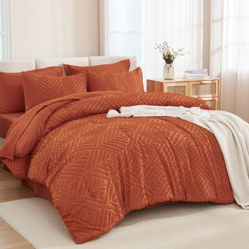 Andency مجموعة المعززة من California King Comforter برتقالية محترقة - 7 قطع سرير كالك في حقيبة Boho Terracotta Tufted Beddding مجموعات سرير صدأ مع ملاكات لائحة الإضافات والشمس - Image 1