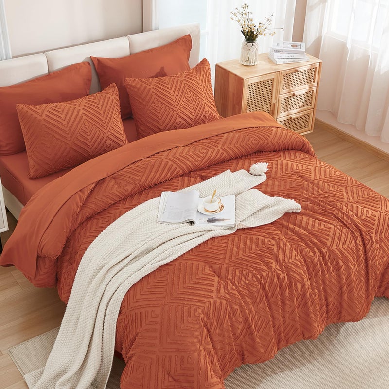 Andency مجموعة المعززة من California King Comforter برتقالية محترقة - 7 قطع سرير كالك في حقيبة Boho Terracotta Tufted Beddding مجموعات سرير صدأ مع ملاكات لائحة الإضافات والشمس - Image 2