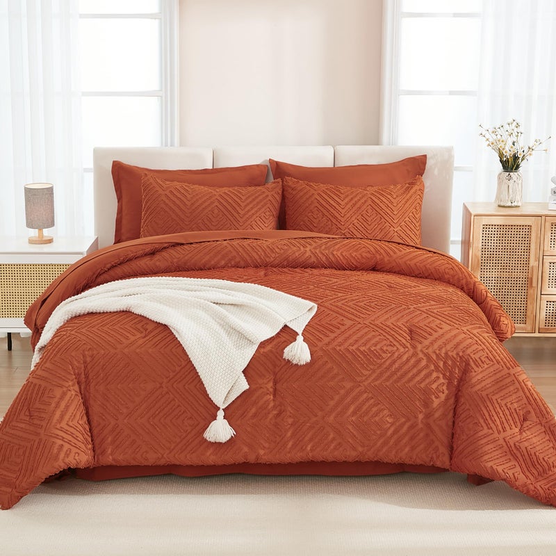 Andency مجموعة المعززة من California King Comforter برتقالية محترقة - 7 قطع سرير كالك في حقيبة Boho Terracotta Tufted Beddding مجموعات سرير صدأ مع ملاكات لائحة الإضافات والشمس - Image 3