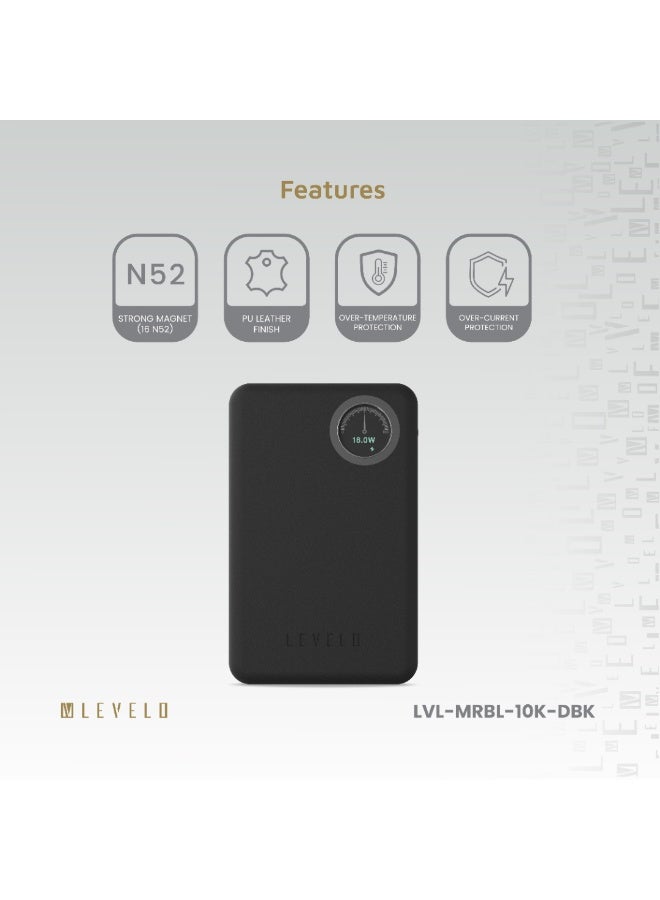 ليفيلو باور بانك ماربيلا ماج سيف جلدي 10000 مللي أمبير/ساعة / شحن لاسلكي سريع / شاشة عرض للبطارية / PD 20 واط / حماية من الحرارة الزائدة / حماية من التيار الزائد - أسود - Image 2