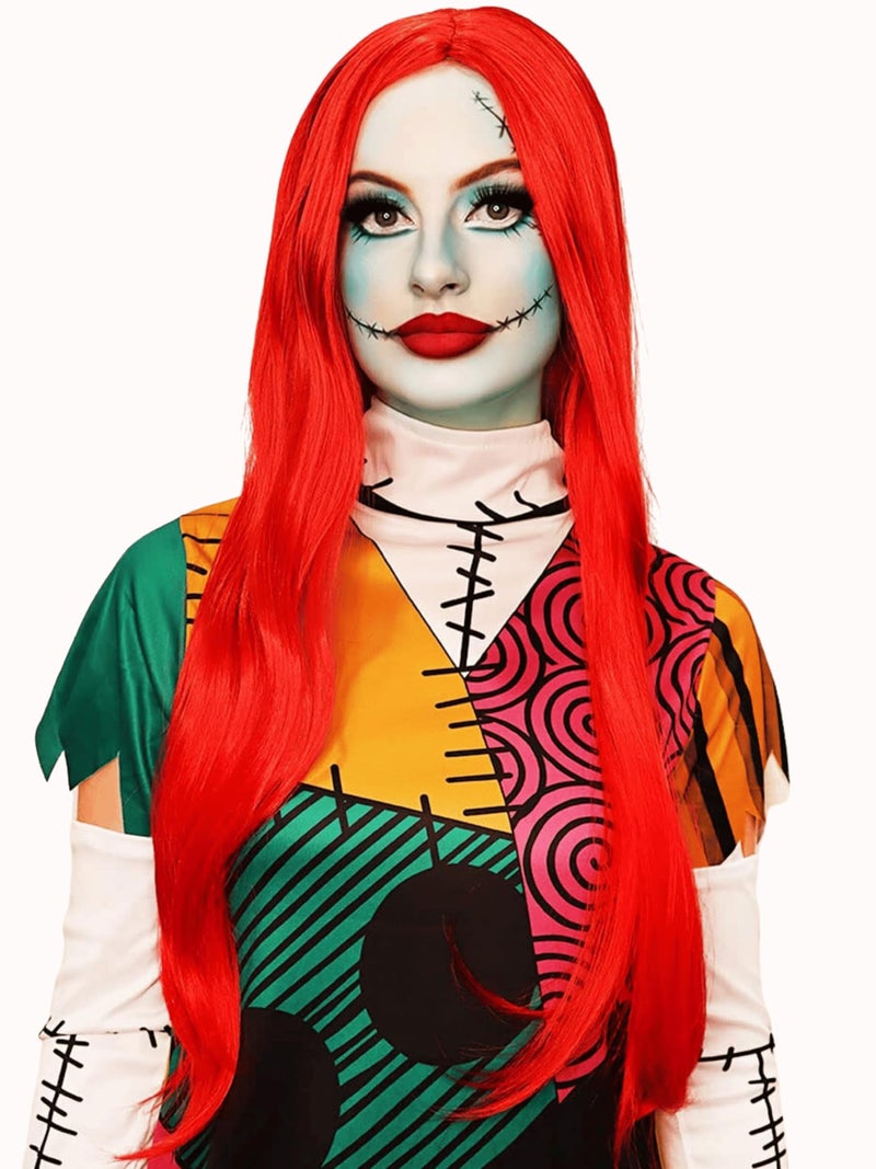 ALLAURA Red Wig Sally Nightmare Before Christmas Cosplay Realistic Bright Red Long Wig for Women Men Anime Wigs Compatible with Sally Nightmare Before Christmas Wig