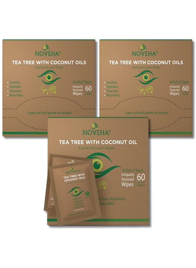 NOVEHA - Tea Tree & Coconut Oil Eyelid & Lash Wipes For Demodex Blepharitis & Itchy Eyes Effective Eyelash Wipes With Aloe Vera Natural Makeup Remover & Daily Eye Cleanser 60Pcs (Pack Of 3) - Image 1