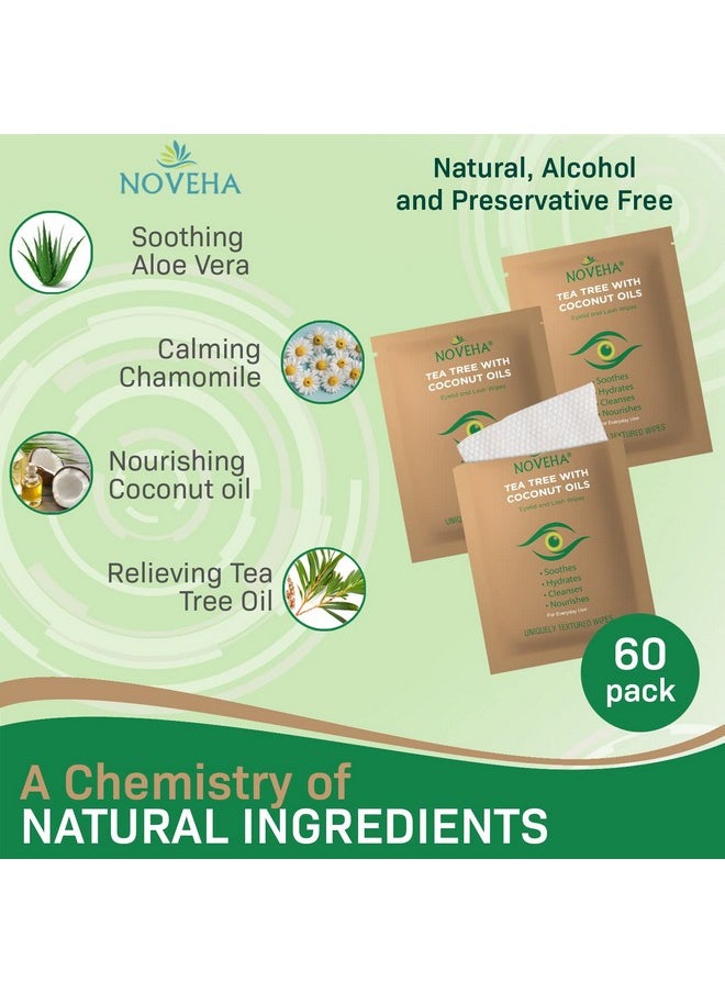 NOVEHA - Tea Tree & Coconut Oil Eyelid & Lash Wipes For Demodex Blepharitis & Itchy Eyes Effective Eyelash Wipes With Aloe Vera Natural Makeup Remover & Daily Eye Cleanser 60Pcs (Pack Of 3) - Image 1