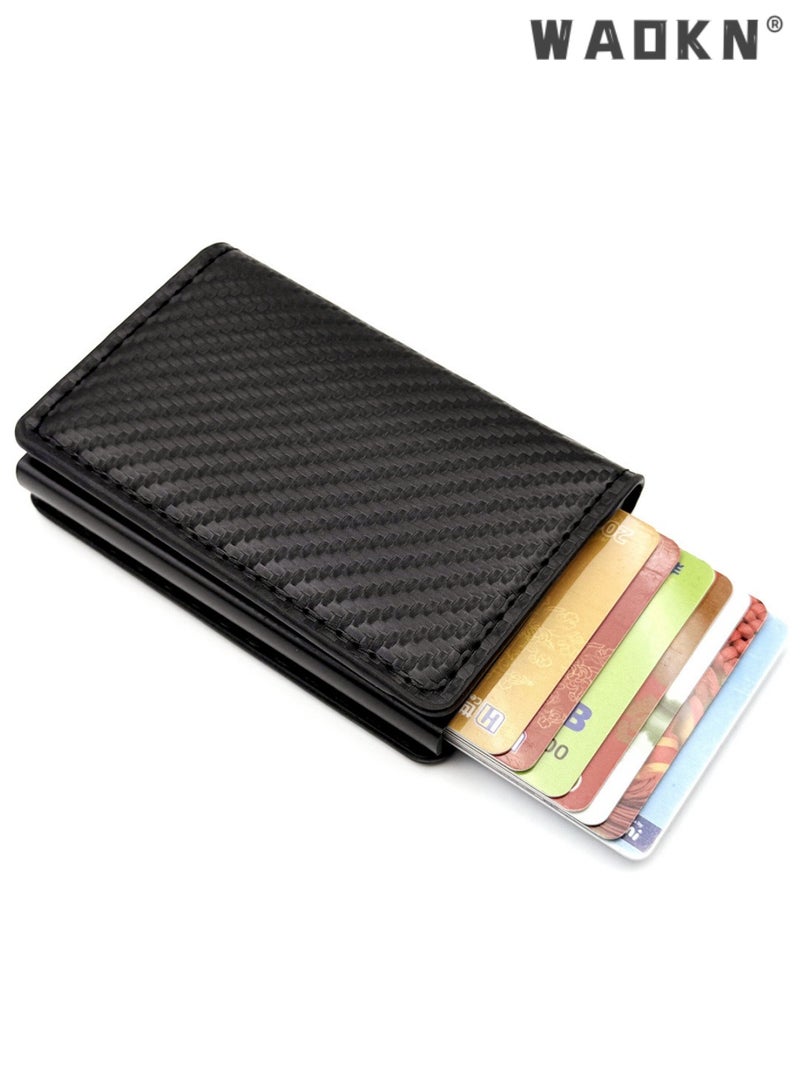WAOKN Minimalist Carbon Fiber PU Leather RFID Blocking Wallet for Men & Women, Slim Front Pocket Smart Card Holder with Automatic Pop-up Aluminum Card Tray & Detachable Money Clip, Holds Up to 6 Credit Cards, Extra Cash & Card Slots, Independent ID Pocket, Vintage Modern Minimalist Design, Carbon Black - Image 1