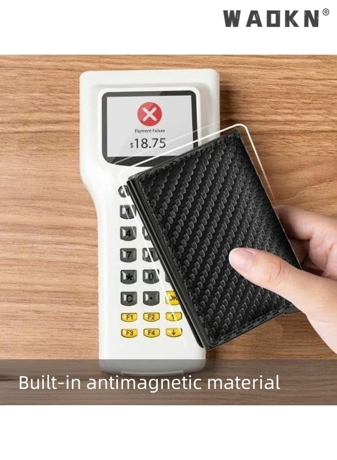 WAOKN Minimalist Carbon Fiber PU Leather RFID Blocking Wallet for Men & Women, Slim Front Pocket Smart Card Holder with Automatic Pop-up Aluminum Card Tray & Detachable Money Clip, Holds Up to 6 Credit Cards, Extra Cash & Card Slots, Independent ID Pocket, Vintage Modern Minimalist Design, Carbon Black - Image 2