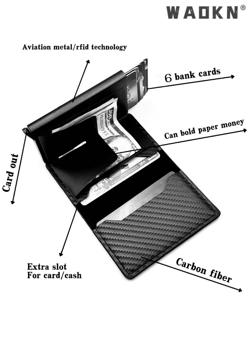 WAOKN Minimalist Carbon Fiber PU Leather RFID Blocking Wallet for Men & Women, Slim Front Pocket Smart Card Holder with Automatic Pop-up Aluminum Card Tray & Detachable Money Clip, Holds Up to 6 Credit Cards, Extra Cash & Card Slots, Independent ID Pocket, Vintage Modern Minimalist Design, Carbon Black - Image 5