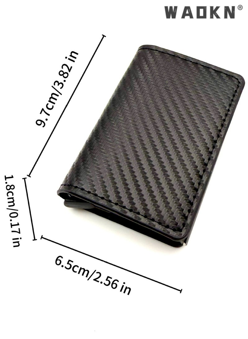WAOKN Minimalist Carbon Fiber PU Leather RFID Blocking Wallet for Men & Women, Slim Front Pocket Smart Card Holder with Automatic Pop-up Aluminum Card Tray & Detachable Money Clip, Holds Up to 6 Credit Cards, Extra Cash & Card Slots, Independent ID Pocket, Vintage Modern Minimalist Design, Carbon Black - Image 4