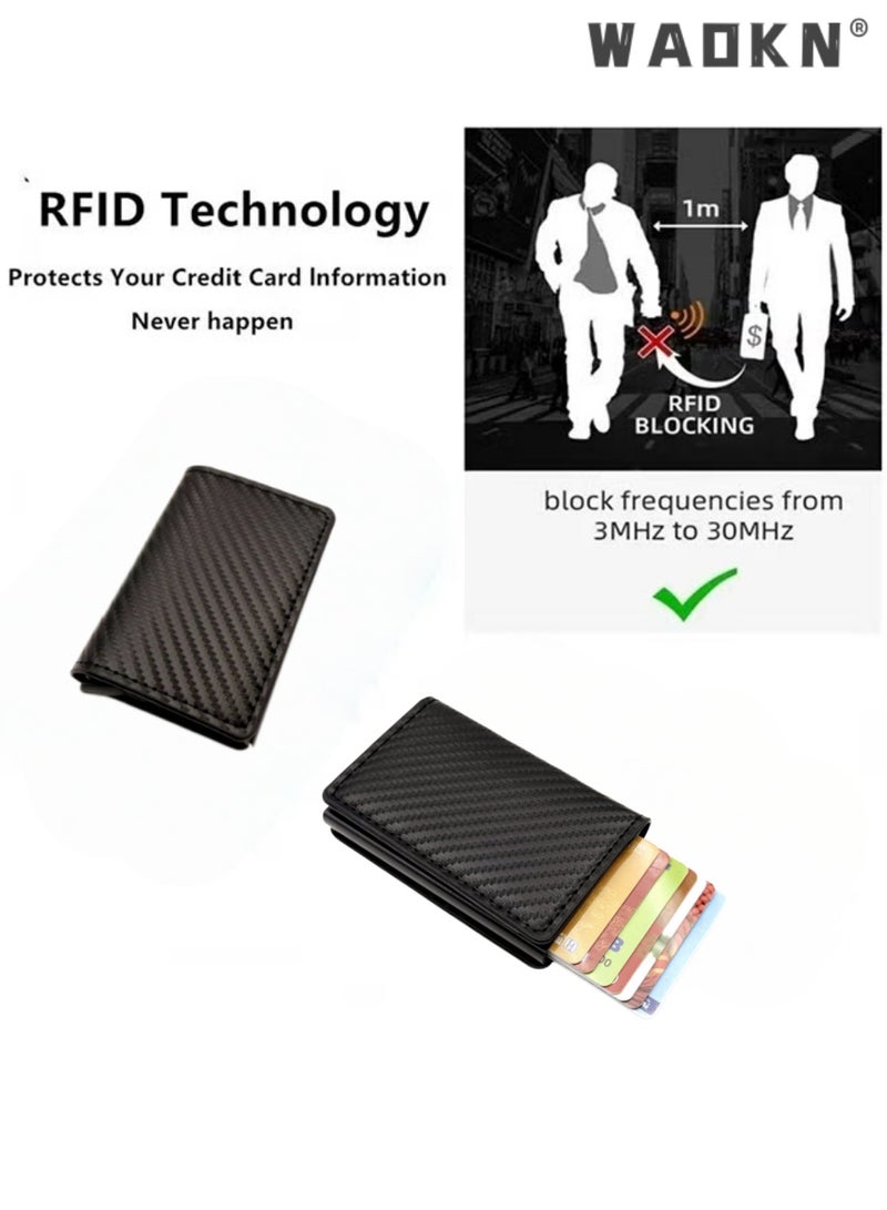 WAOKN Minimalist Carbon Fiber PU Leather RFID Blocking Wallet for Men & Women, Slim Front Pocket Smart Card Holder with Automatic Pop-up Aluminum Card Tray & Detachable Money Clip, Holds Up to 6 Credit Cards, Extra Cash & Card Slots, Independent ID Pocket, Vintage Modern Minimalist Design, Carbon Black - Image 3