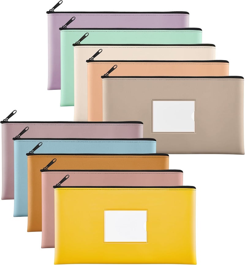 SMARTAKE 10-Pack Bank Deposit Money Bags with Zipper, 10 Colors Leather Bags Wallet Pouches with Label, for Cash, Coins, Cosmetics, Invoice, Bills, Tools, 11.5 x 6.2 Inches (Macaroon Colors) - Image 1