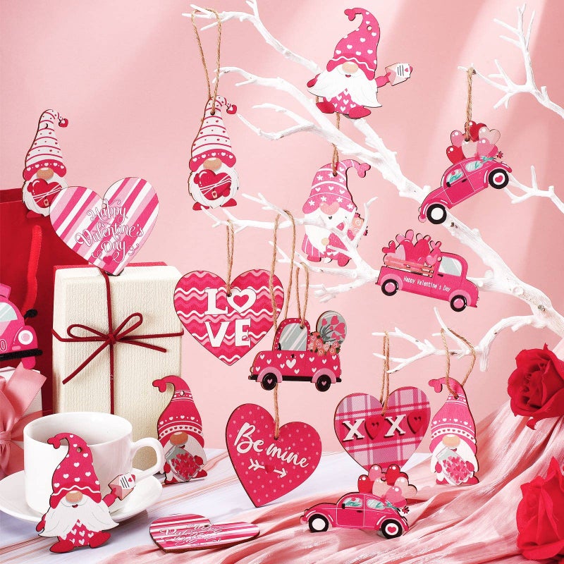 Qunclay 36 Pcs Valentine's Ornaments Valentines Wooden Hanging Gnome Ornaments Pink Romantic Wall Decor Pink Truck Decoration Pickup Truck Decoration for Anniversary - Image 3