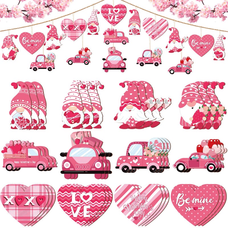 Qunclay 36 Pcs Valentine's Ornaments Valentines Wooden Hanging Gnome Ornaments Pink Romantic Wall Decor Pink Truck Decoration Pickup Truck Decoration for Anniversary - Image 1