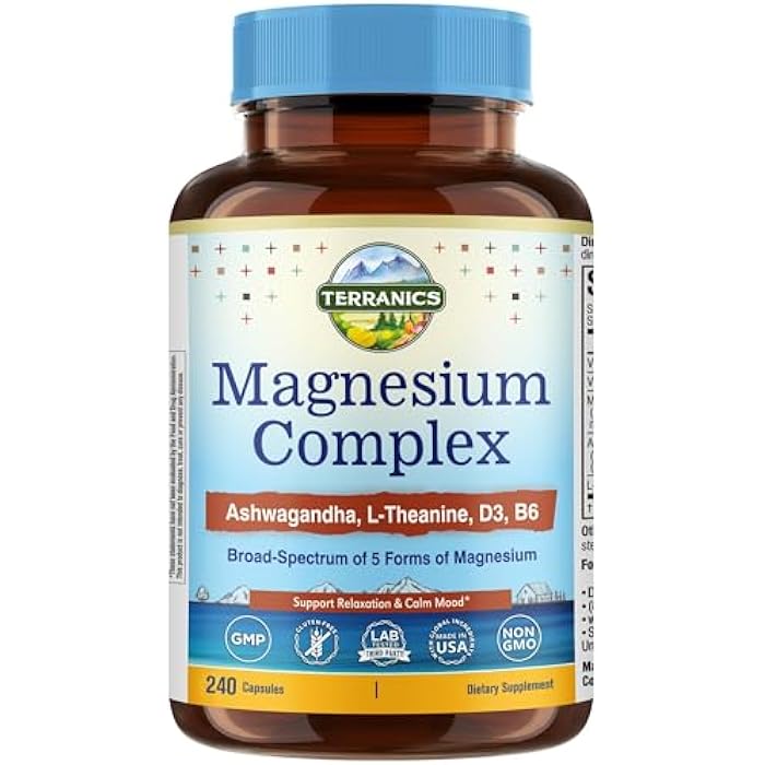 Terranics Magnesium Complex Supplement with Glycinate, Citrate, Taurate & Malate | Supports Nerve & Mood Health | Includes Ashwagandha, L-Theanine, Vitamin D3 & B6 | 240 Capsules | Non-GMO - Image 1