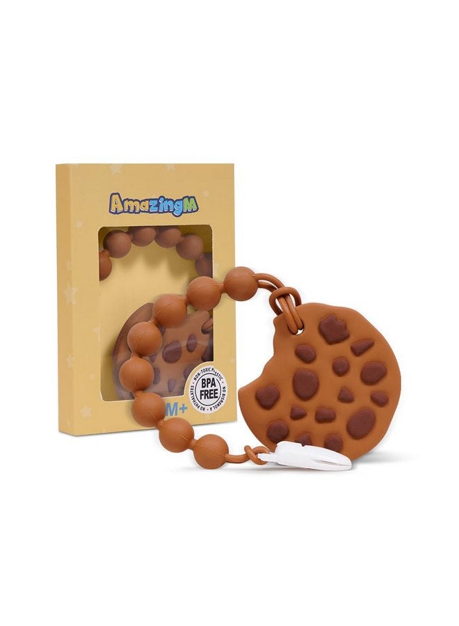 AmazingM Baby Food Grade Silicone Teether Toy with One Piece Design Pacifier Clip Holder,Teething Pain Relief Toys Gift Set for 3 Months+ Boys and Girls,Freezer Safe,BPA Free. (Cookie) - Image 1