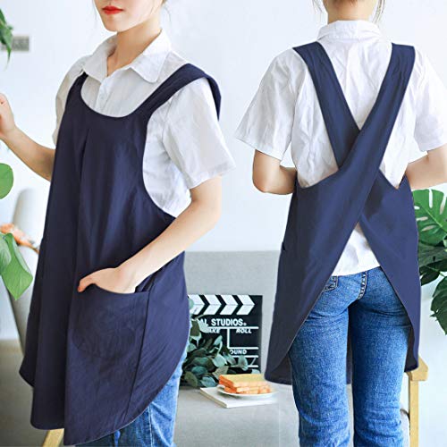 NEWGEM Japanese Linen Cross Back Kitchen Cooking Aprons for Men with Pockets for Baking Painting Gardening Cleaning Navy Blue - Image 3