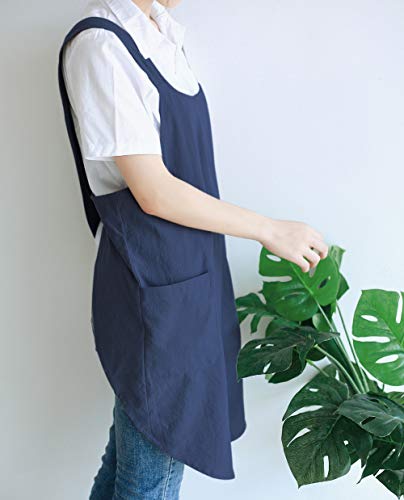 NEWGEM Japanese Linen Cross Back Kitchen Cooking Aprons for Men with Pockets for Baking Painting Gardening Cleaning Navy Blue - Image 4