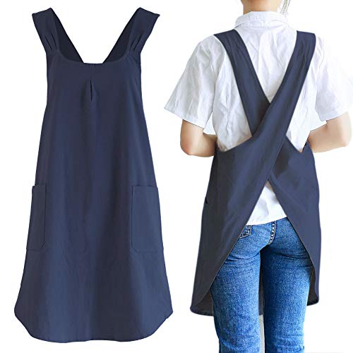 NEWGEM Japanese Linen Cross Back Kitchen Cooking Aprons for Men with Pockets for Baking Painting Gardening Cleaning Navy Blue - Image 1