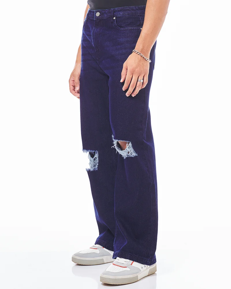 bewakoof Men's Indigo Blue Washed Baggy Fit Distressed Mid-Rise Jeans