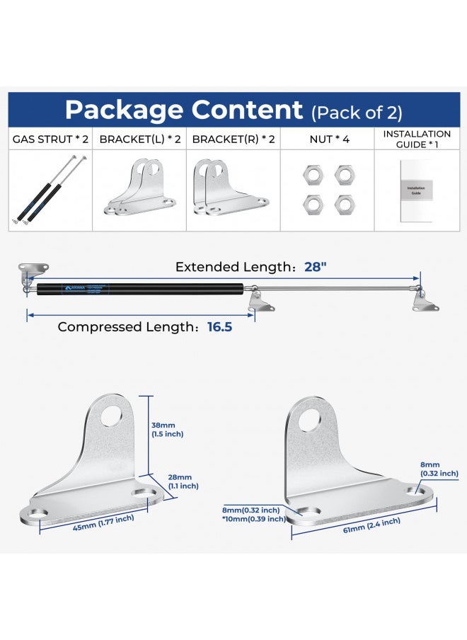 ARANA ARANA Gas Struts 28 inch 200LB Shock Springs Props, 28" Hydraulic Lift Support with Mounting Brackets for Heavy Duty Lid RV Bed Hatch Murphy Queen Size Bed Trap Door(Fit 160-220lbs Lid), 2 Pcs  - Image 1