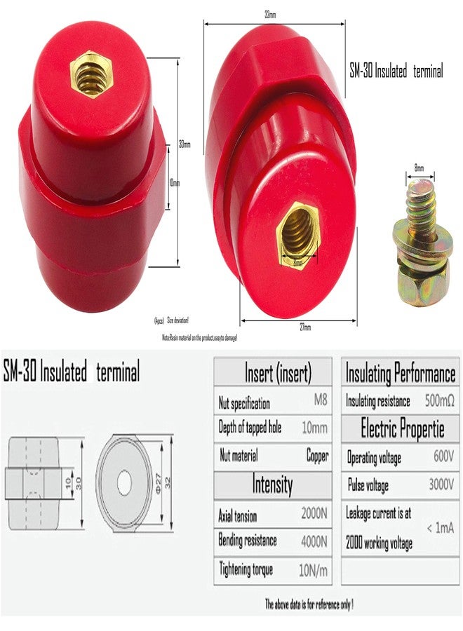 LBY 4pcs Busbar Insulator, -30 Polyester Standoff Insulators with Screw(M8), High-Strength Busbar Insulator Supporter, Resin(Red) - Image 5