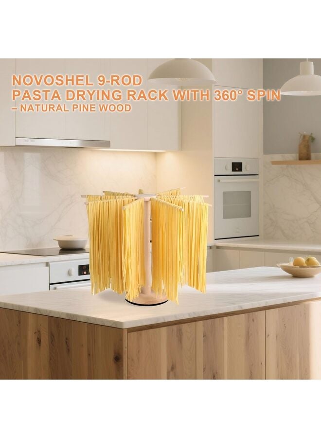 رف تجفيف المعكرونة، رف تجفيف دوار من خشب الصنوبر قابل للطي مزود بـ 9 قضبان لتجفيف المعكرونة والإسباجيتي، يدور بزاوية 360 درجة، للاستخدام في المطبخ المنزلي، هدية الترحيب بالمنزل الجديد - Image 4