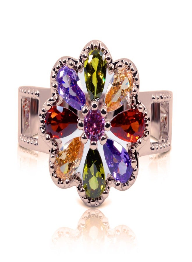 Savlano 14K Gold Plated Cubic Zirconia Multicolor Rainbow Flower Ring for Women (Rose Gold, 7) - Image 1