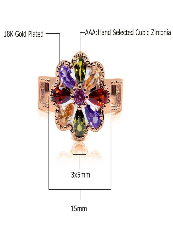 Savlano 14K Gold Plated Cubic Zirconia Multicolor Rainbow Flower Ring for Women (Rose Gold, 7) - Image 3