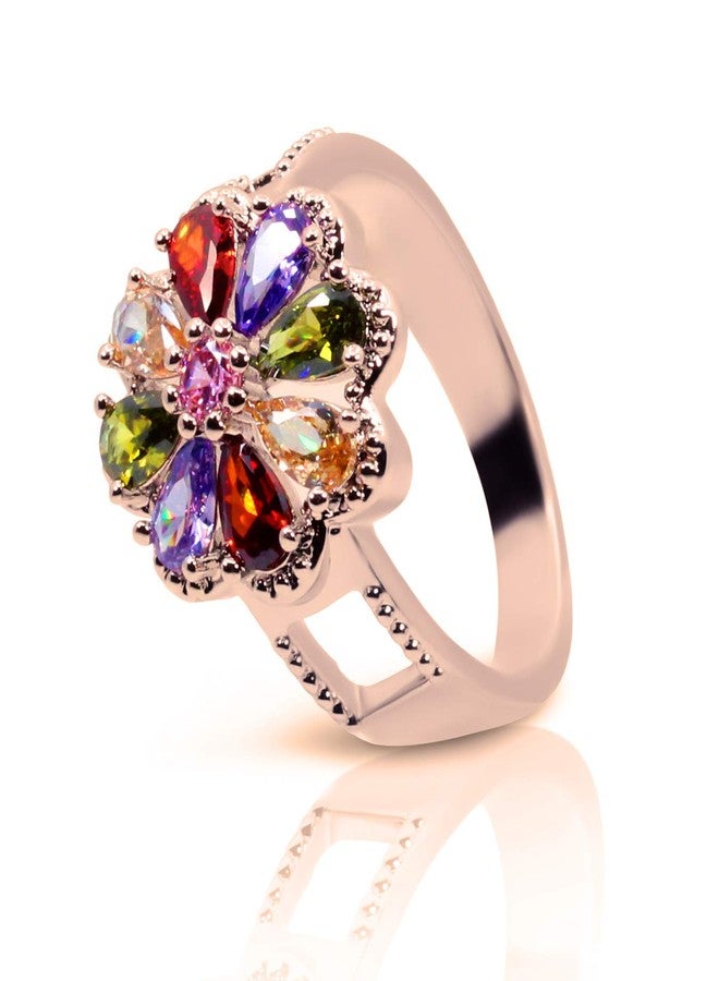 Savlano 14K Gold Plated Cubic Zirconia Multicolor Rainbow Flower Ring for Women (Rose Gold, 7) - Image 2