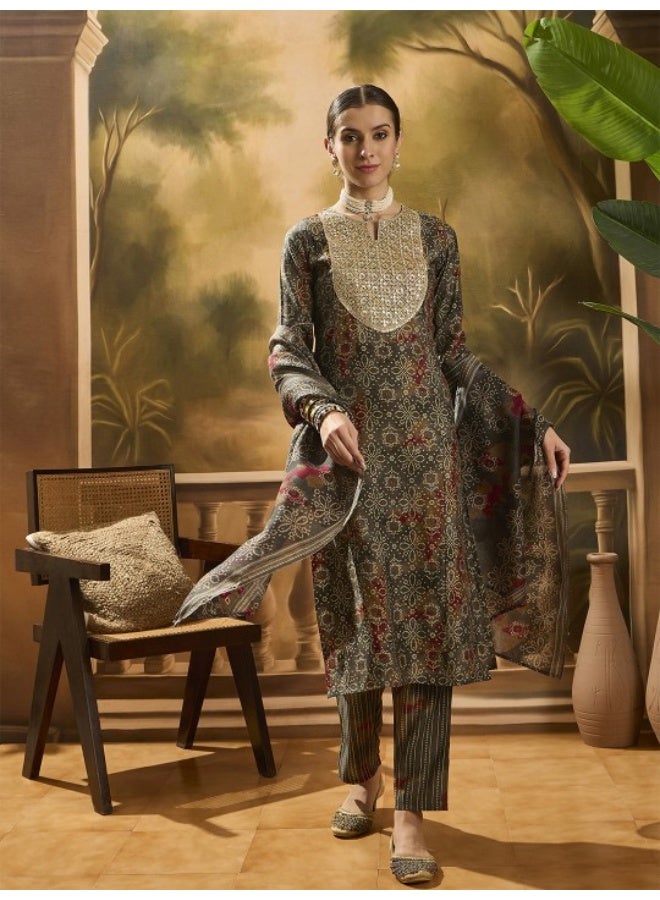 AKS Grey Bandhani Kurta Set with embroidered patch on yoke  - Image 1