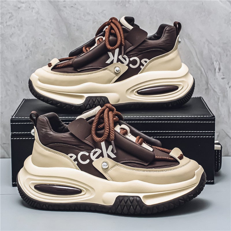 TikTok Same Style Autumn Mens Shoes Fashionable All-match Thick-soled Mens Fashionable Korean Style Internet Celebrity Casual Ins Daddy Fashionable Shoes Khaki - Image 1
