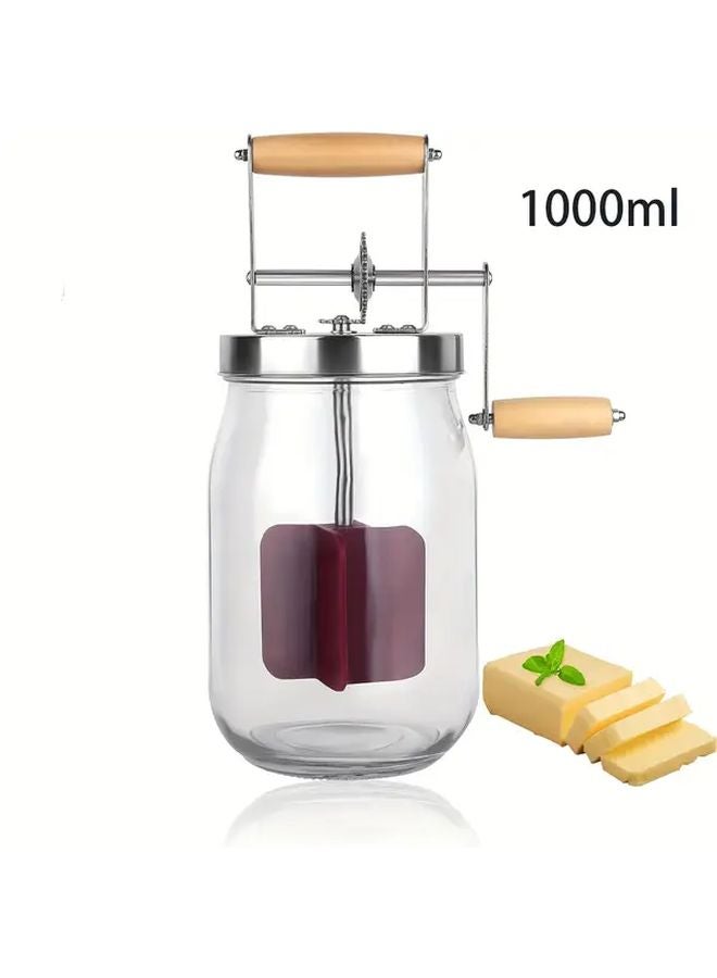Manual Butter Churner 1000ml Stainless Steel Gear Wooden Handle Kitchen Gadget - Image 1