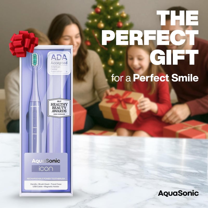 Aquasonic Icon ADA-Accepted Rechargeable Toothbrush | Magnetic Holder & Slim Travel Case | 2 Brushing Modes & Smart Timers | Gentle Micro-Vibrations (Lilac) - Image 2