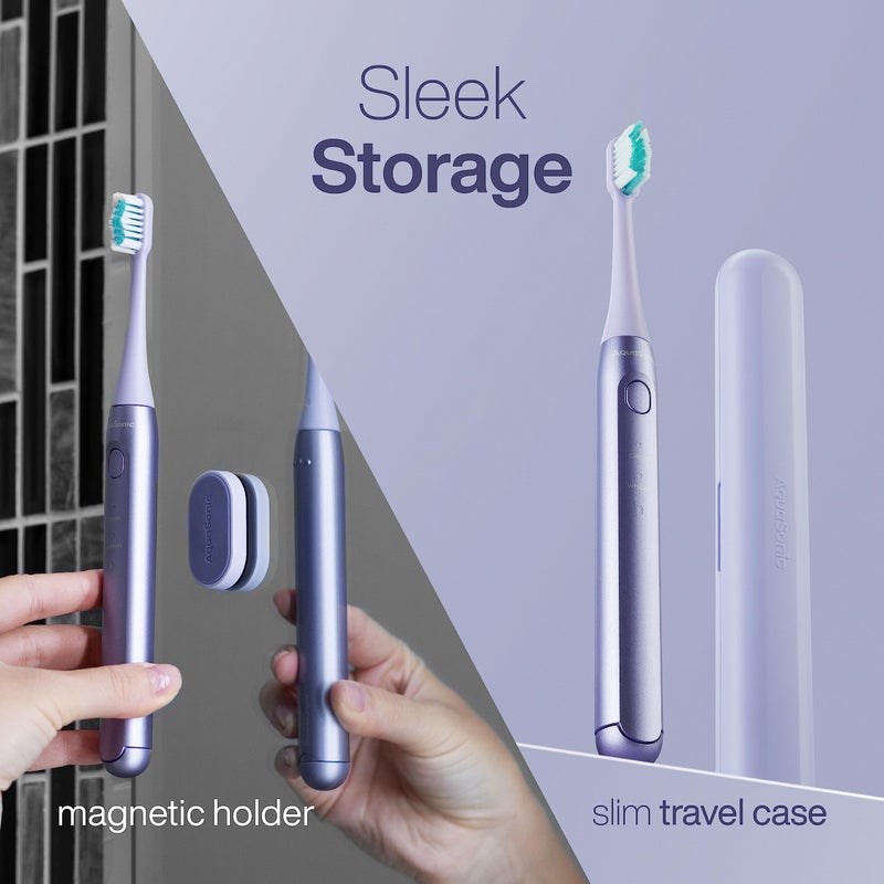 Aquasonic Icon ADA-Accepted Rechargeable Toothbrush | Magnetic Holder & Slim Travel Case | 2 Brushing Modes & Smart Timers | Gentle Micro-Vibrations (Lilac) - Image 4