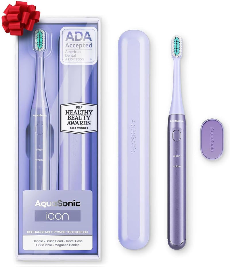 Aquasonic Icon ADA-Accepted Rechargeable Toothbrush | Magnetic Holder & Slim Travel Case | 2 Brushing Modes & Smart Timers | Gentle Micro-Vibrations (Lilac) - Image 1