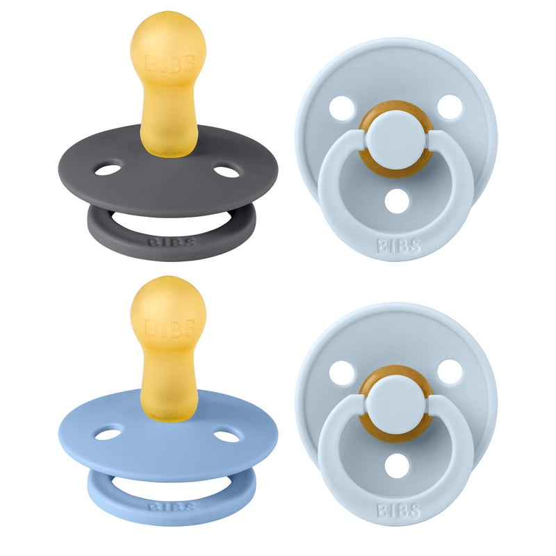BIBS Pacifiers - Colour 4 Pack | Round Nipple Baby Pacifier | BPA Free Natural Rubber Latex Soother | Made in Denmark | Size 6-18 Months | Blue Colors - Image 1